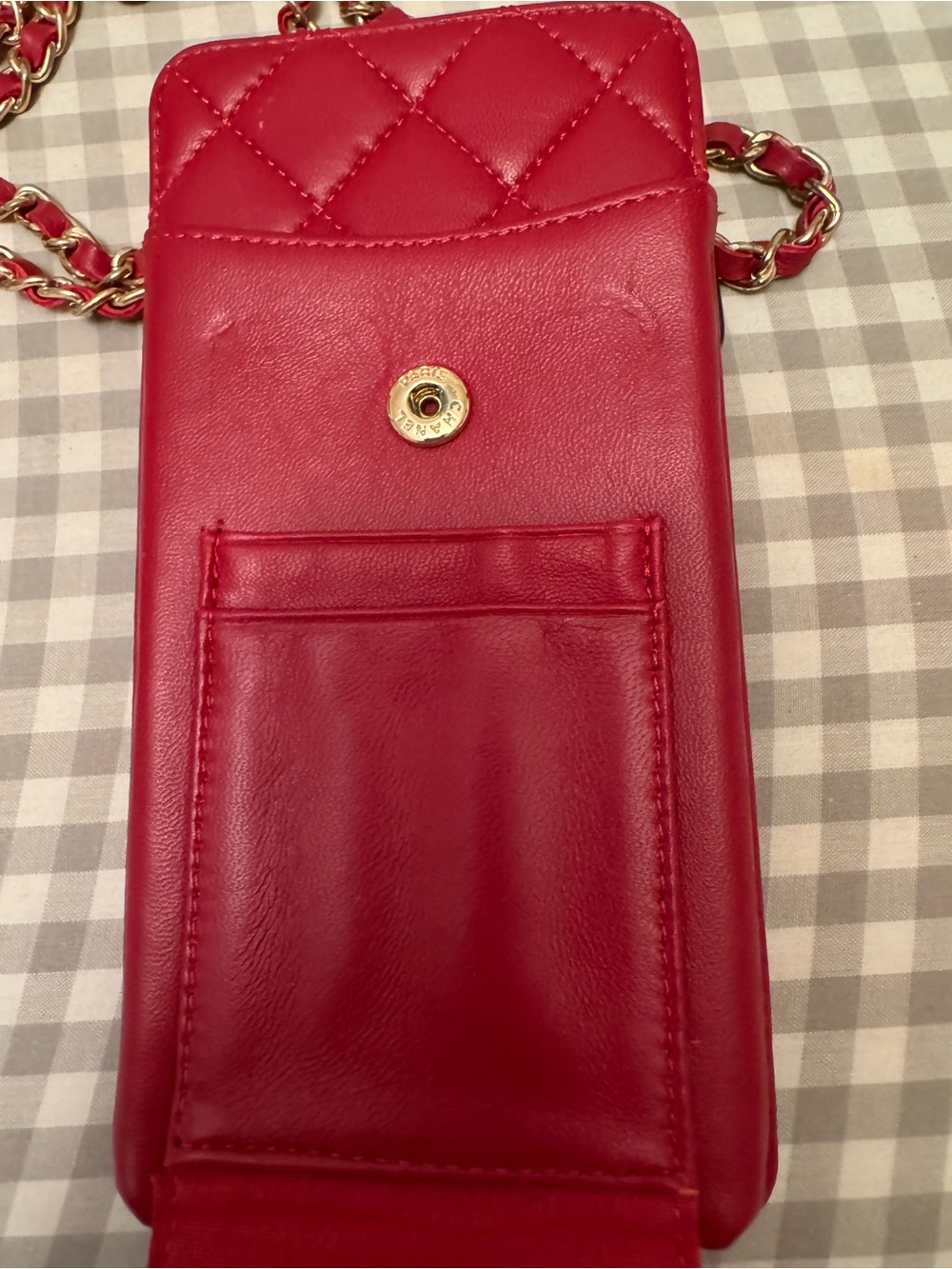 Quilted Red Leather Chain Crossbody Phone Pouch with Gold CC - Picture 3 of 8